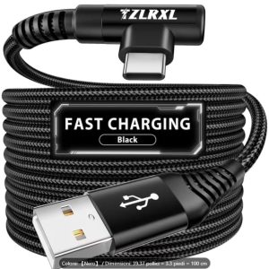 Cavo USB-A a USB-C con Ricarica Rapida, Intrecciato, Angolato, Nero, 100 cm
